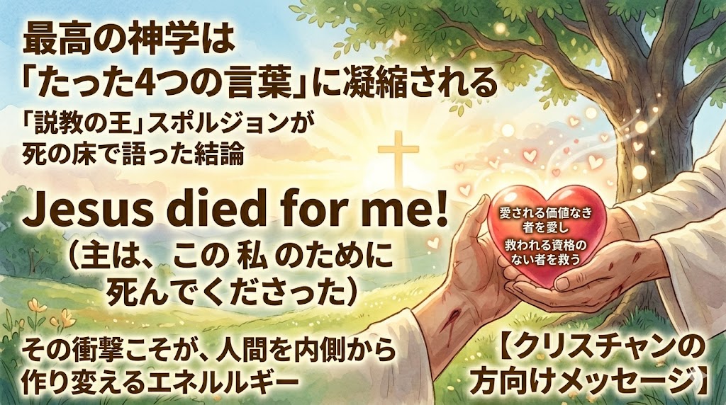 最高の神学は「たった4つの言葉」に凝縮される『Jesus died for me!』です。