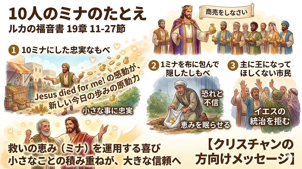 聖書「10人のしもべとミナのたとえ」の簡単な解（ルカの福音書19章11節~27節）