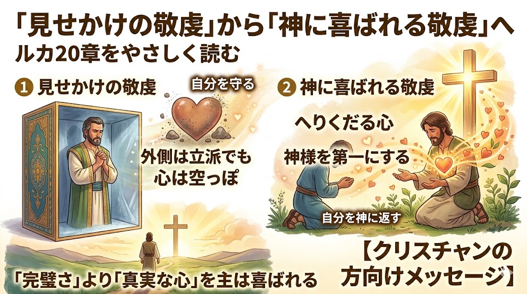 【ルカ２０章】見せかけの敬虔と神に喜ばれる敬虔・・・「信仰の外側」と「心の中」を照らす章